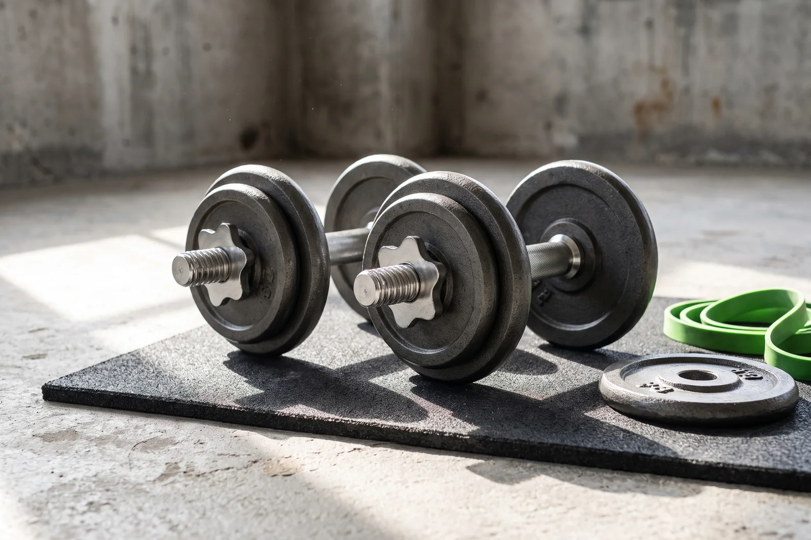 Two adjustable iron dumbbells with threaded collars beside a loose plate and green resistance band.