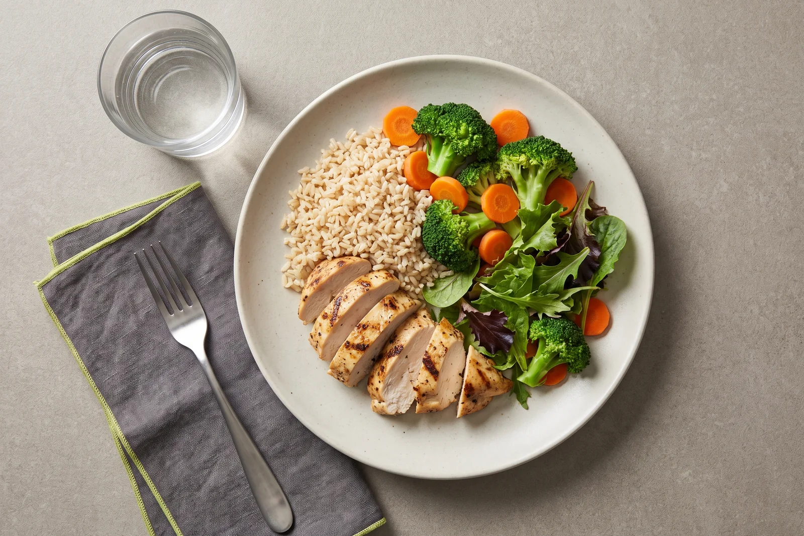 A plate of chicken, rice, broccoli, carrots and leafy greens beside a glass of water.