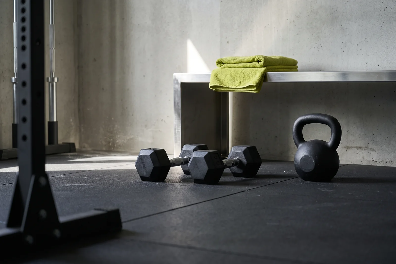 Black dumbbells and a kettlebell on a rubber gym floor below a green towel.