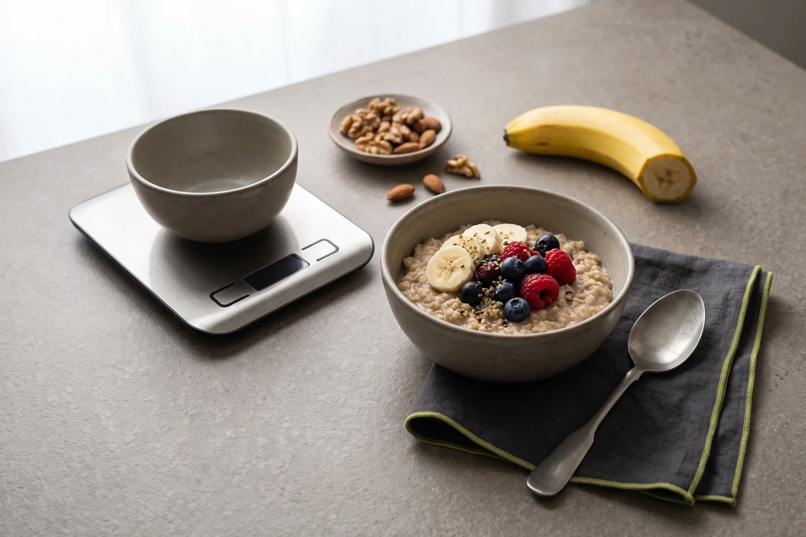 Oatmeal with fruit beside a bowl on a kitchen scale, nuts and a cut banana.