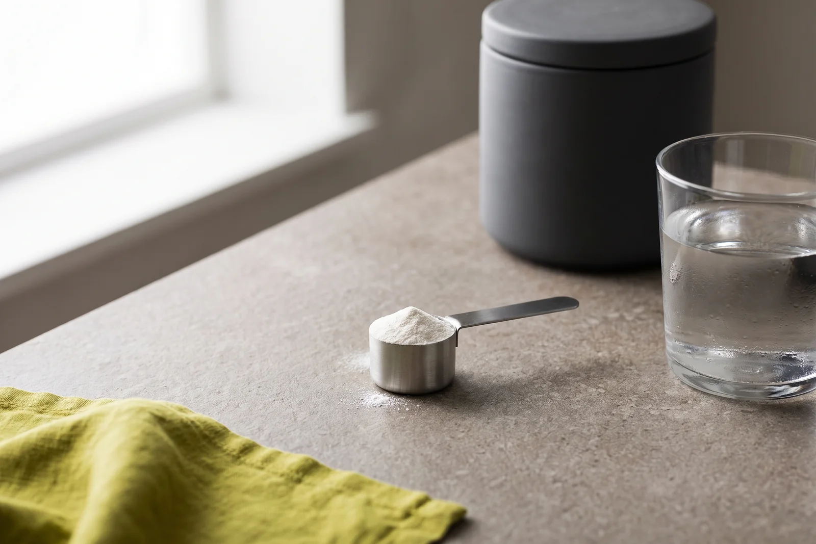 A scoop of white powder beside a glass of water and a plain dark container.