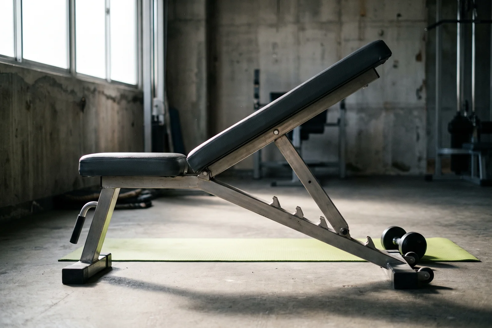 An inclined adjustable workout bench on a pale green mat in an empty gym.