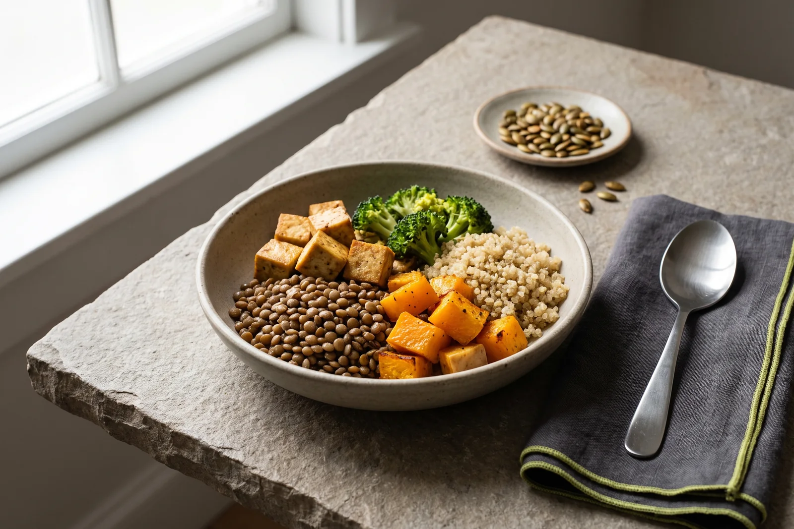 A bowl of tofu, lentils, grains, broccoli and roasted squash with pumpkin seeds nearby.