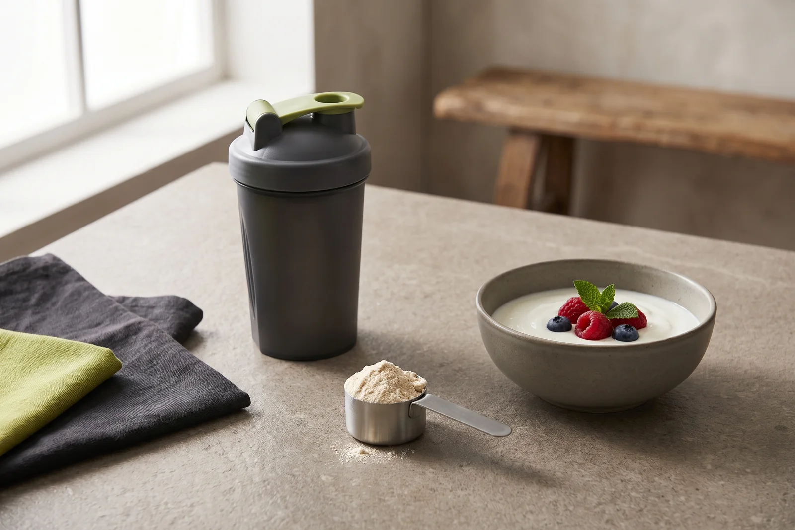 A dark shaker, scoop of pale powder and bowl of yogurt with berries on a stone tabletop.