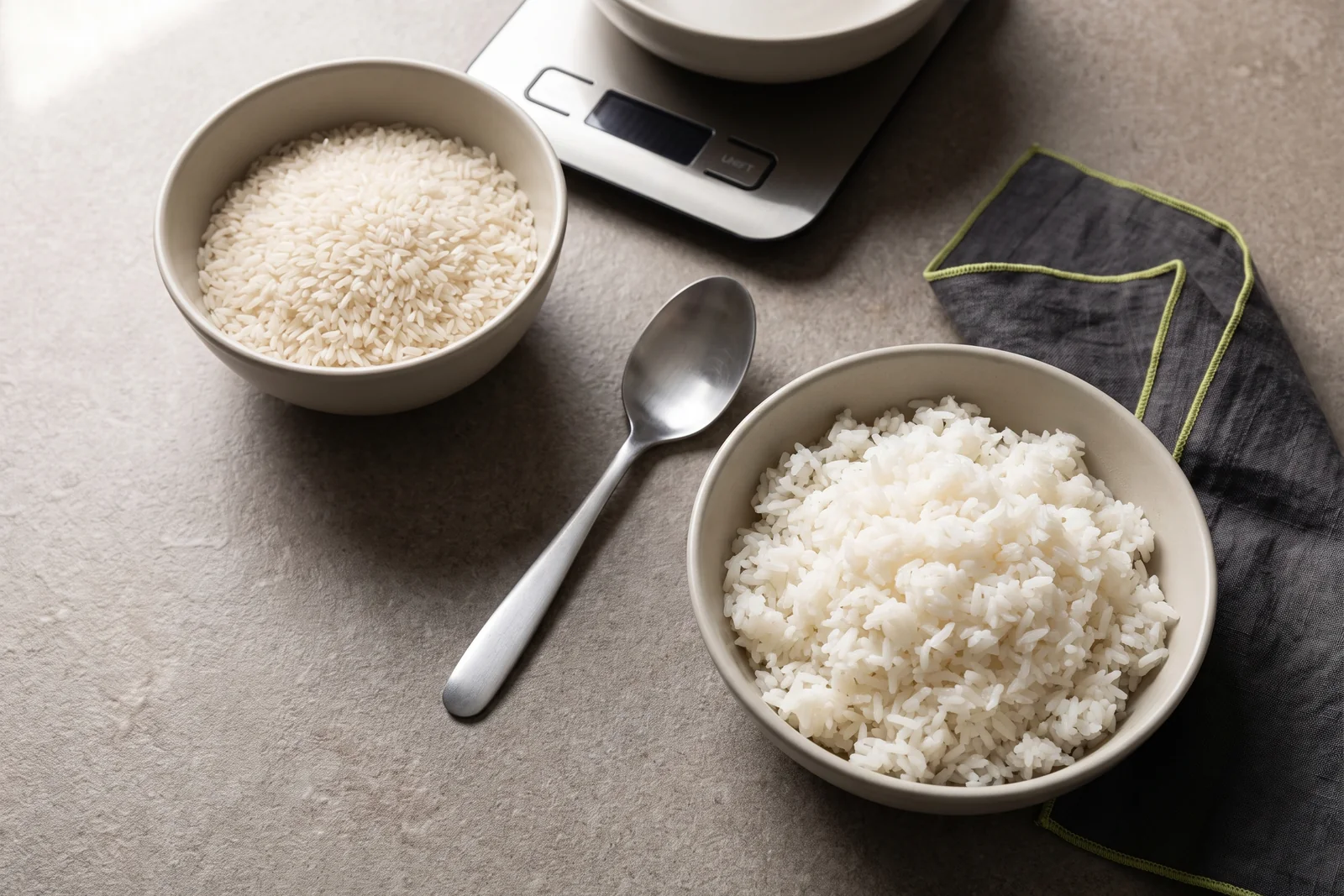 Separate bowls of dry and cooked rice beside a spoon, cloth and kitchen scale.