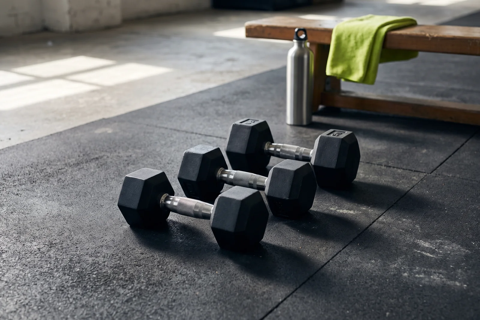 Three black hex dumbbells arranged on gym flooring near a metal bottle and green towel.