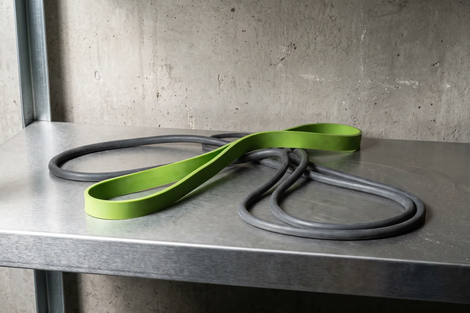 One green loop band and dark resistance bands lying loose on a metal shelf.