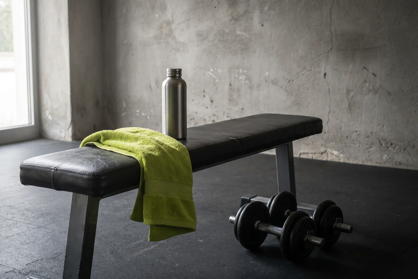 A green towel and metal bottle on an empty workout bench with dumbbells on the floor.