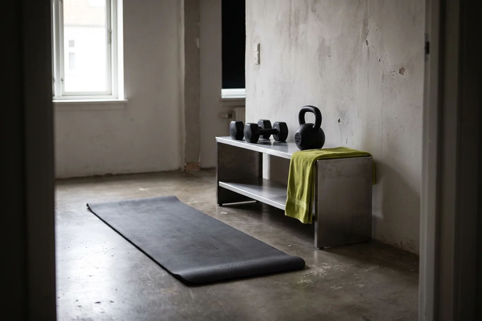 An exercise mat and a low shelf holding dumbbells and a kettlebell in a small room.