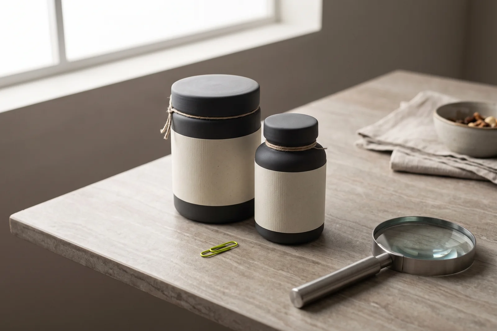 Two dark containers with blank paper labels beside a magnifying glass and green paper clip.