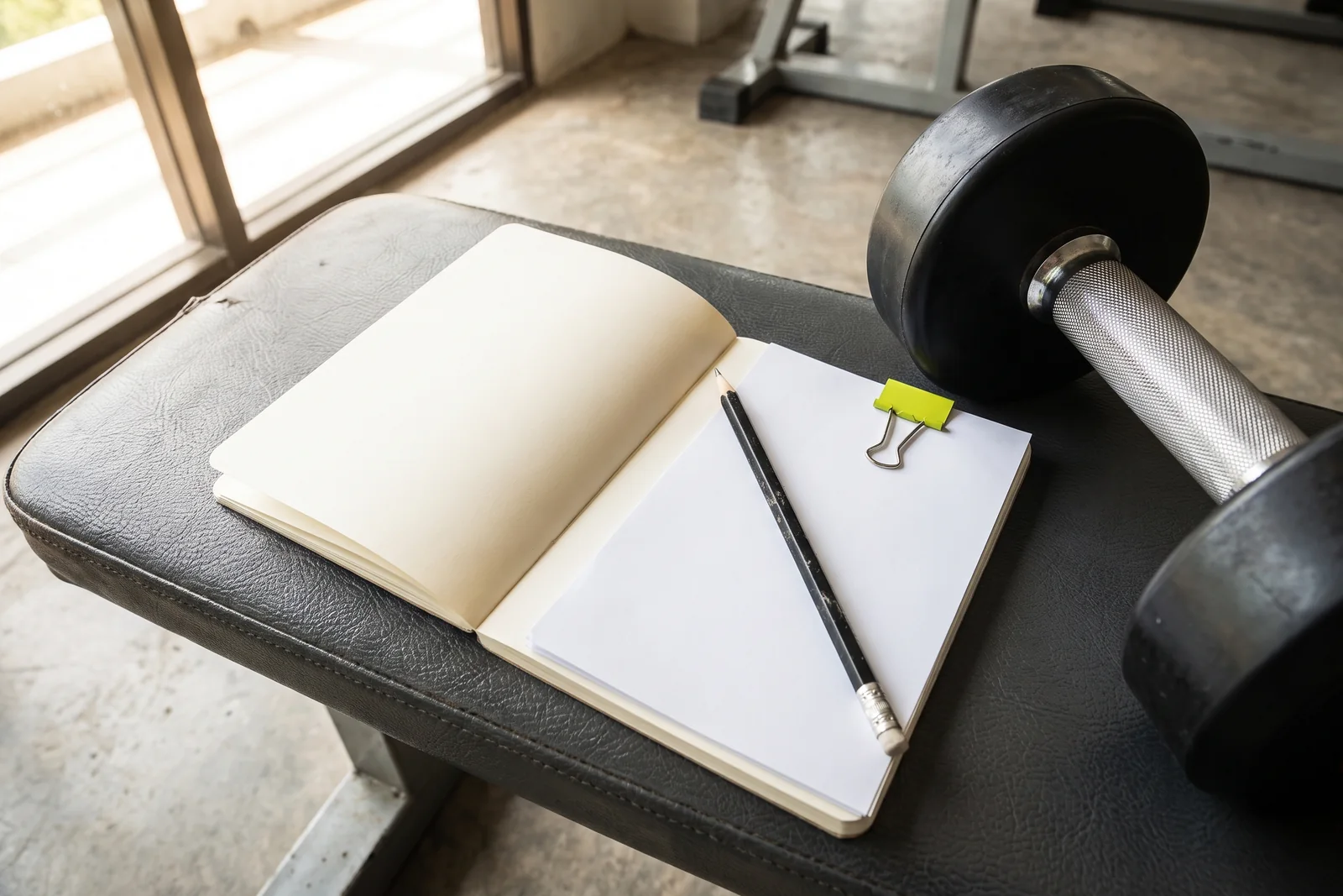 An open blank notebook, pencil and green clip beside a dumbbell on a padded bench.