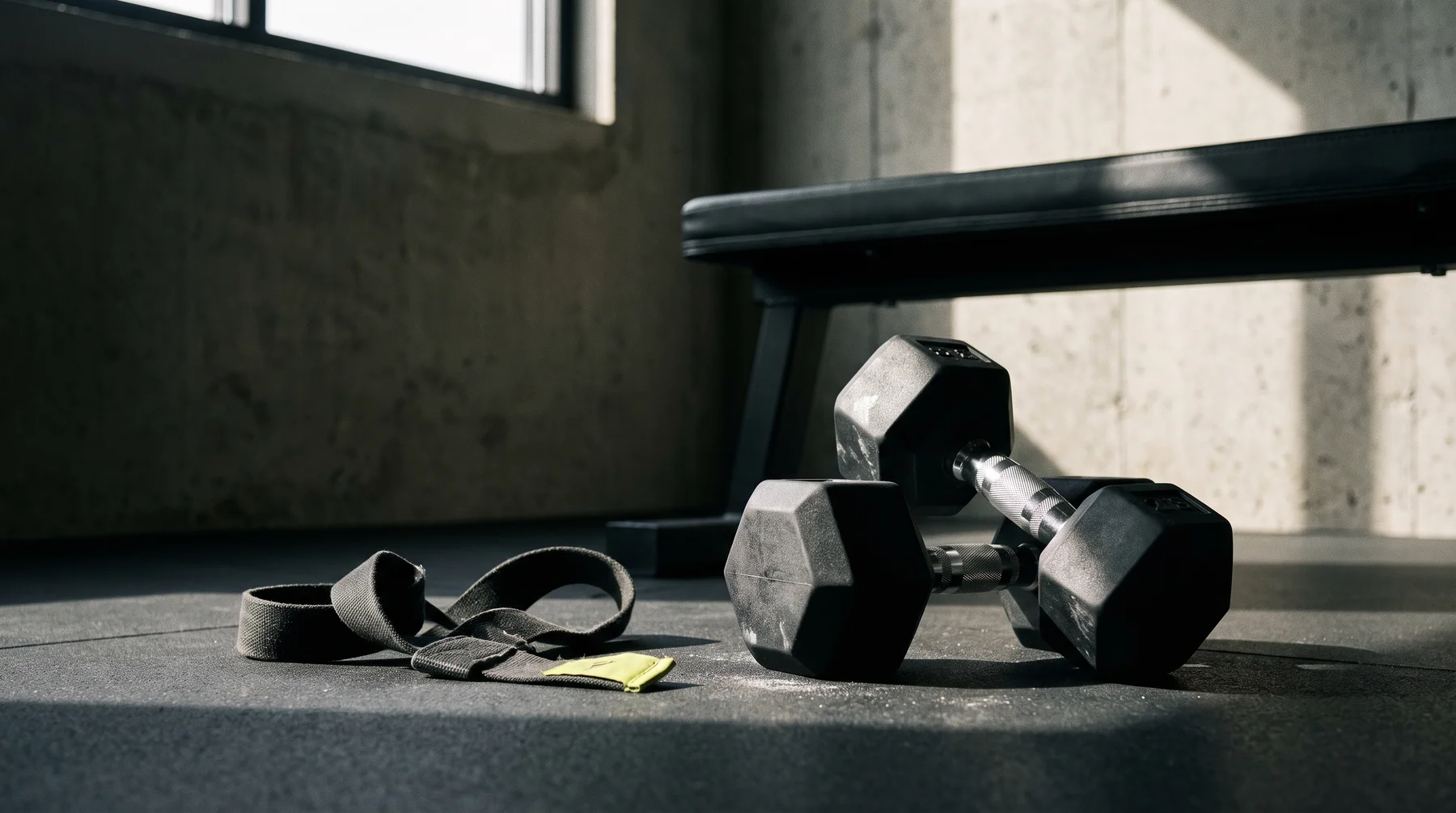 Black dumbbells and a training bench in a sunlit concrete gym