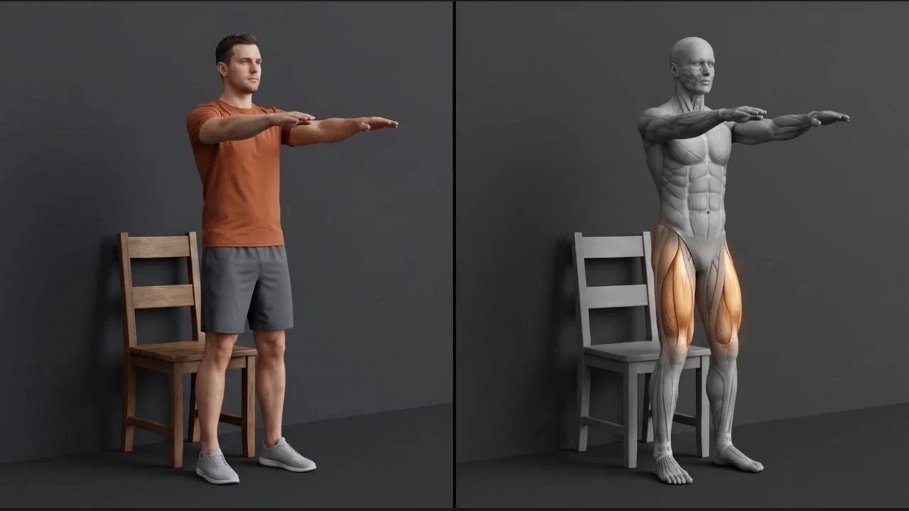 Chair squat exercise beside its anatomical illustration