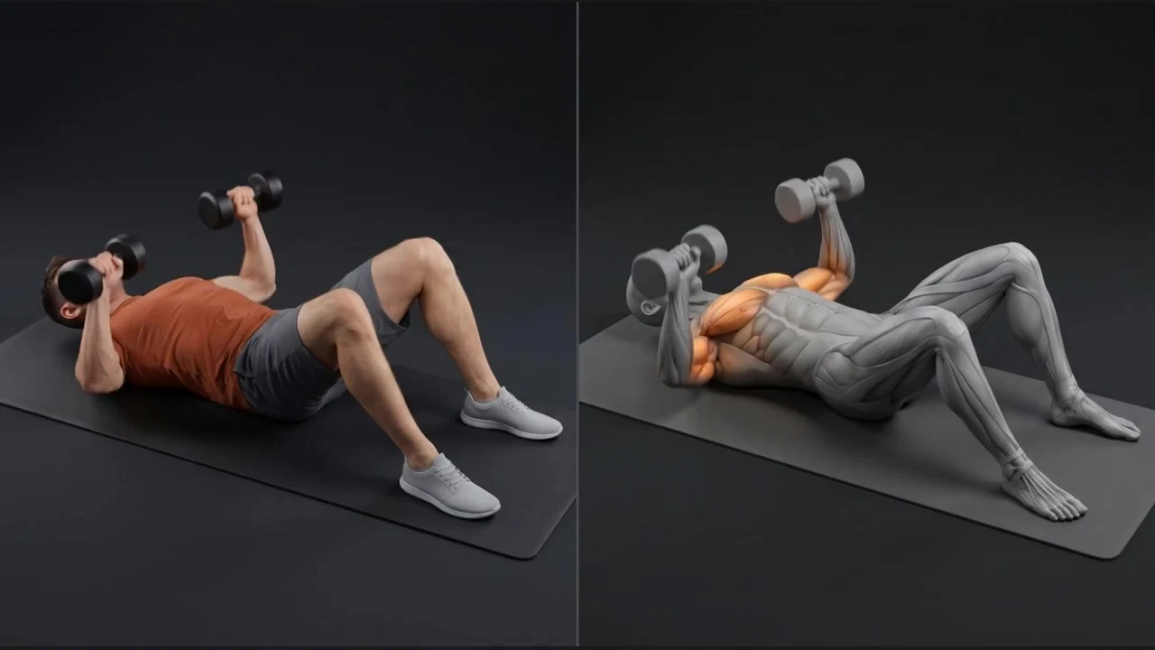 Dumbbell floor press exercise beside its anatomical illustration