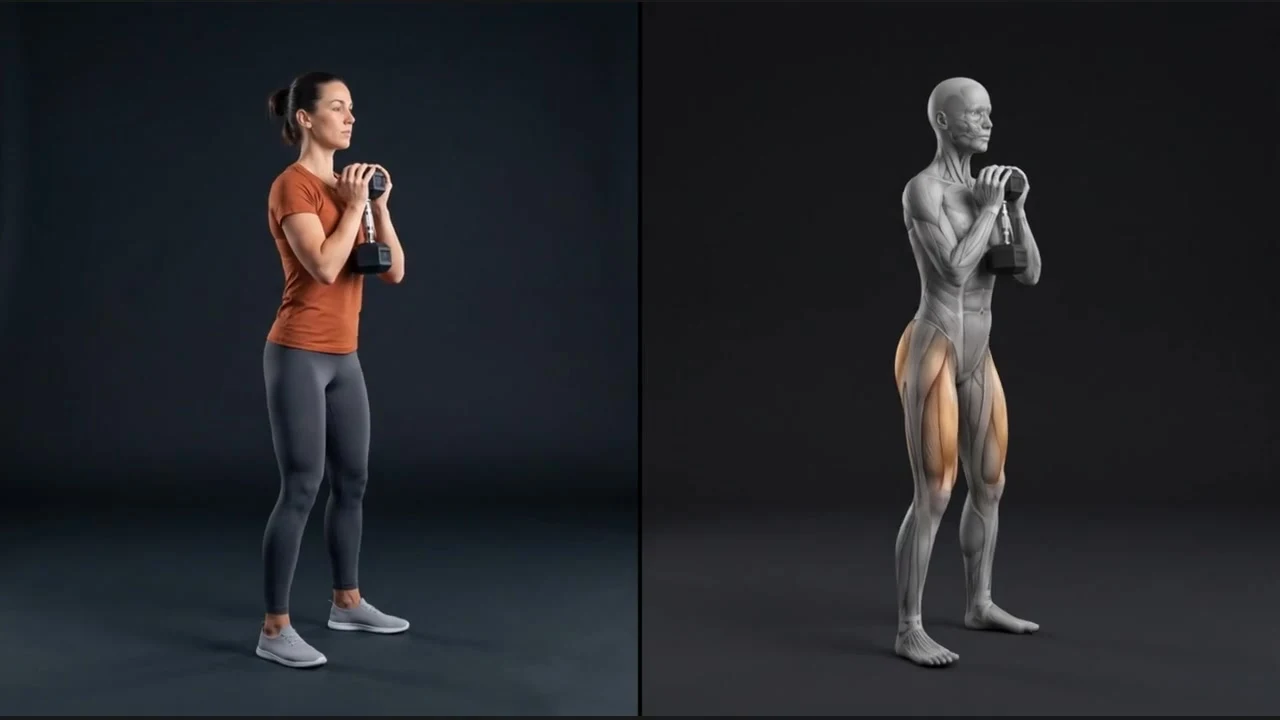 Goblet squat exercise beside its anatomical illustration
