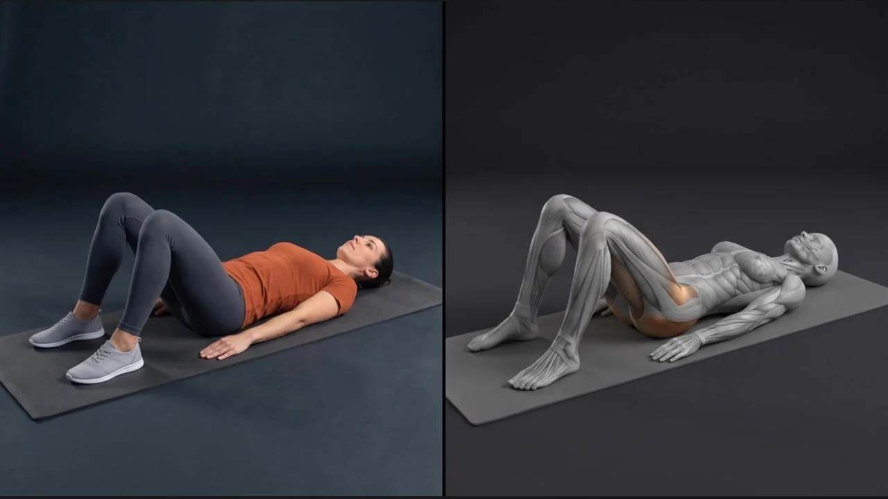 Hip bridge exercise beside its anatomical illustration