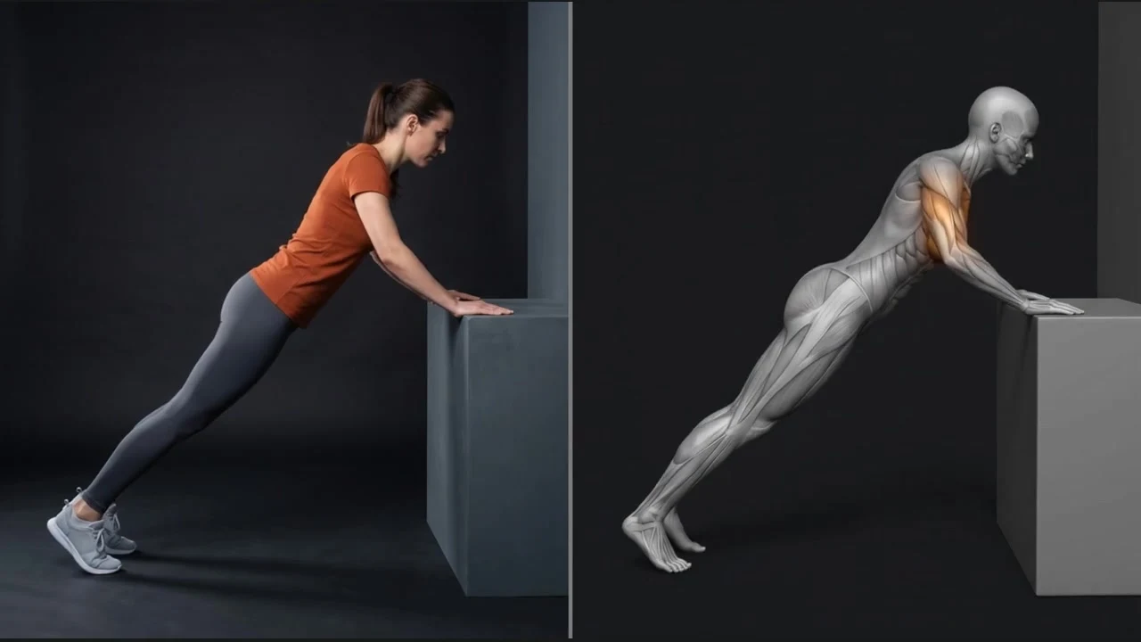 Incline push-up exercise beside its anatomical illustration