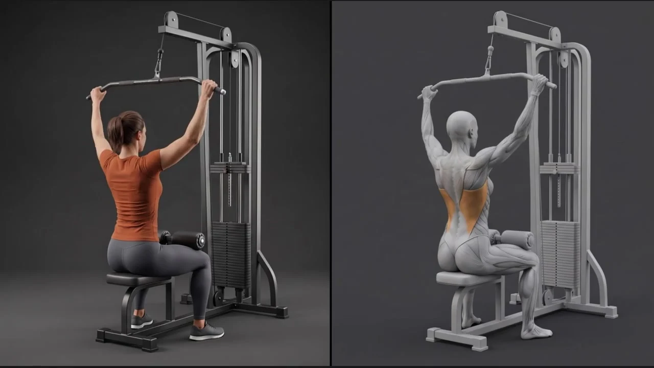 Lat pulldown exercise beside its anatomical illustration