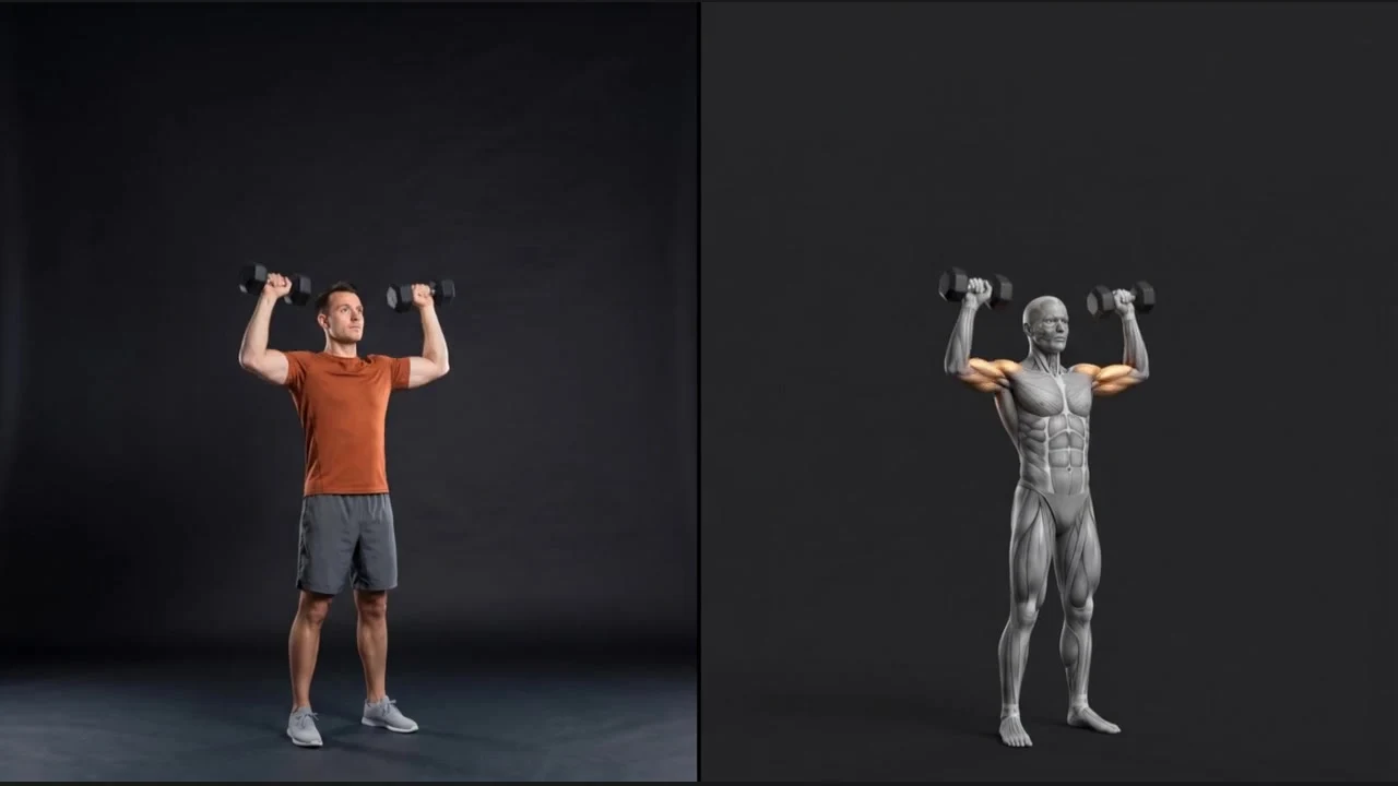 Dumbbell overhead press exercise beside its anatomical illustration