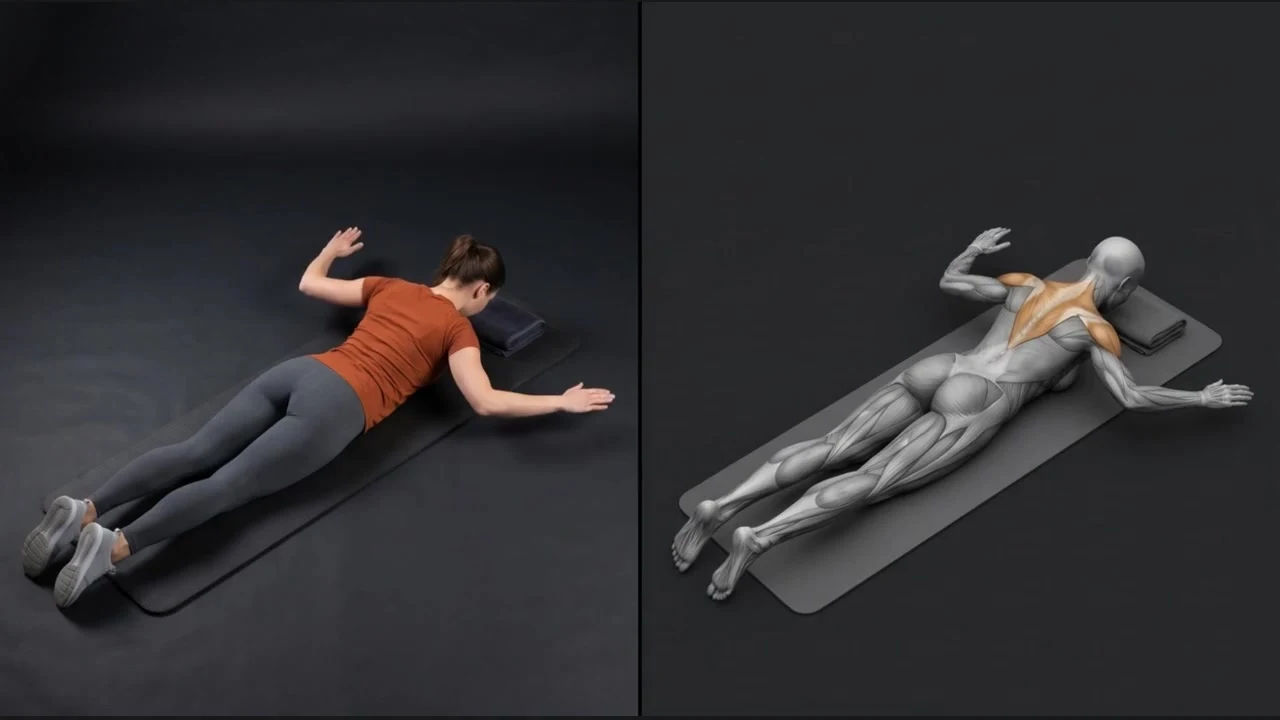Prone W raise exercise beside its anatomical illustration