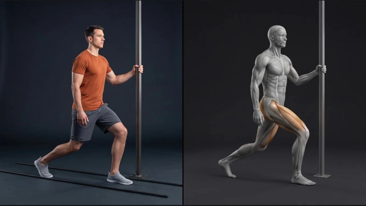 Supported split squat exercise beside its anatomical illustration