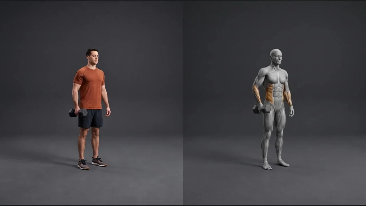Suitcase carry exercise beside its anatomical illustration