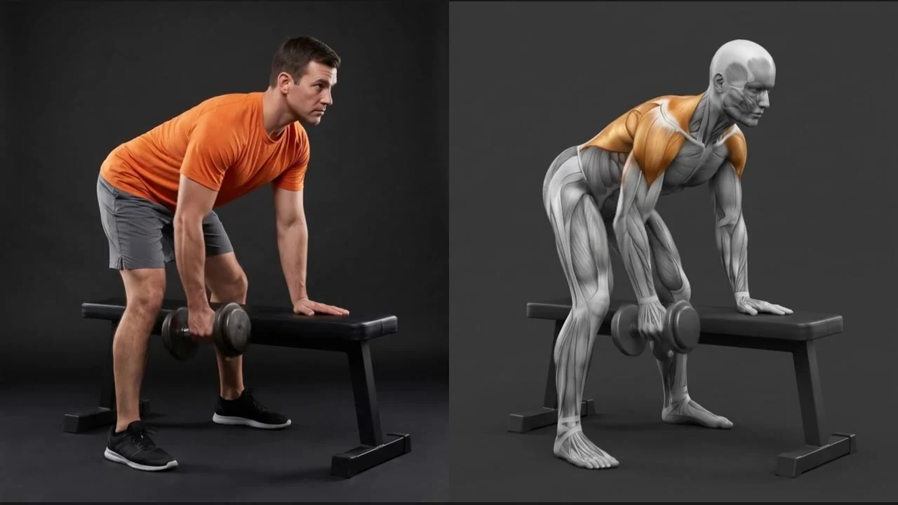 Supported dumbbell row exercise beside its anatomical illustration